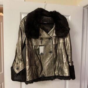 NWT Leather Coat/Jacket metallic with real fur collar and trim size 44 Italy